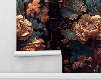 Dark Botanical Peel & Stick Wallpaper Vintage Floral Wallpaper Mural  Self Adhesive Temporary Retro flowers Wallpaper Bedroom Bathroom Decor