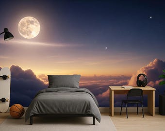Papier Peint Adhésif 3D Sky Full Moon – Autocollant Mural Amovible