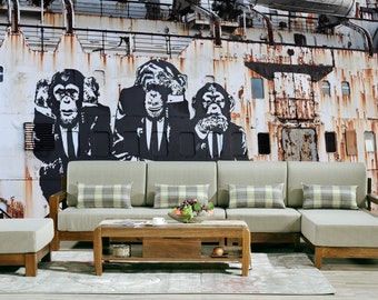 Three Monkeys Wallpaper Graffiti Banksy Wall Mural Removable Wallpaper Large Wall Art Peel & stick Street Art Artist Paintings Wall Art