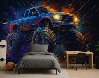 Monster Truck Wallpaper Peel and Stick Wall Mural, Kids Room Wallpaper, Boys Bedroom Decor, Truck Wall Art Effect non woven Wallpaper