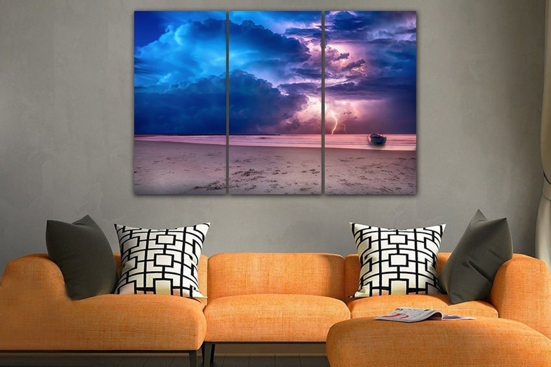 Sea Storm Canvas Boat Wall Art Lightning Print Stormy Beach Art Cloudy ...
