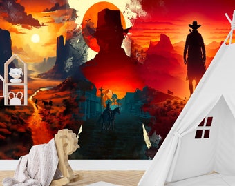 Cowboy and Western Wallpaper Texas Wall Art Vintage Decor Peel & Stick Mural Vintage Wild West Wallpaper Farmhouse Wall Decor Retro Mural