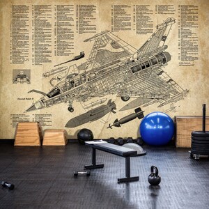 May include: A detailed cutaway illustration of a Dassault Rafale B fighter jet, printed on a vintage-style paper background. The illustration shows the internal workings of the aircraft, including the engine, cockpit, and weapons systems. The image also includes various gym equipment, such as a weight bench, dumbbells, and a medicine ball.