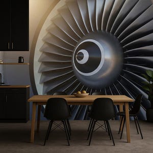 May include: A dining room scene featuring a wooden table and black chairs. The focal point is a large, detailed mural of a jet engine turbine. The room has a modern aesthetic with dark cabinetry and a neutral color palette.