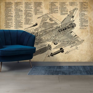 May include: A detailed cutaway illustration of a Dassault Rafale fighter jet, showing the internal workings and components of the aircraft. The illustration is on a vintage-style paper background with a blue armchair in the foreground.