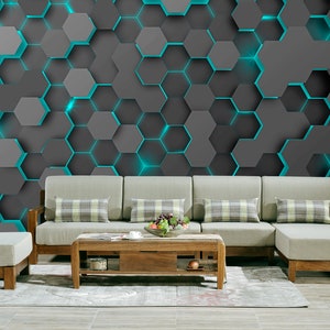 Carta da parati murale geometrica al neon verde astratto con motivo esagonale, perfetta per club di gioco hi-tech o ufficio, carta da parati 3D staccabile e adesiva, sala giochi
