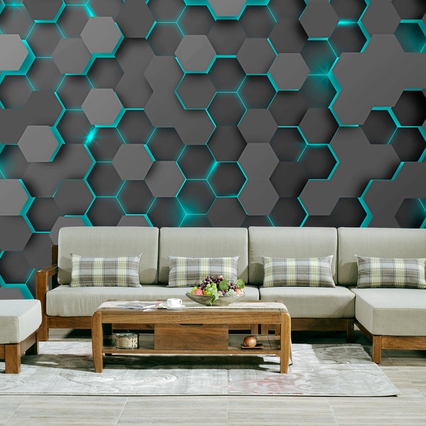 Abstract green Neon Geometric Wall Mural with Hexagon Pattern Perfect for Hi-Tech Gaming Club or Office Peel & Stick 3d Wallpaper Playroom