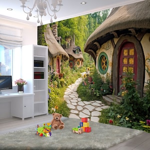 Papier peint Hobbit amovible pour enfants - Peinture murale fantastique pour chambre d'enfant avec maison Hobbit et paysage forestier - Décoration de salle de jeux - Art mural de film