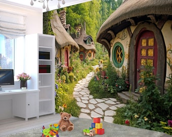 Hobbit Wallpaper Removable Kids' Fantasy Mural for Nursery Featuring Hobbit House and Forest Landscape Playroom room decor Movie Wall art