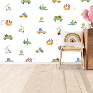 Kids transport Wallpaper Car Plane wall mural animal Wallpaper Removable Peel & Stick nursery wall art Playroom Nursery wallpaper Boys decor