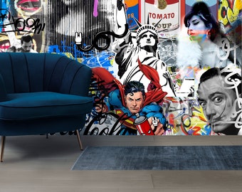 Papel pintado urbano con graffitis, arte callejero, papel pintado autoadhesivo abstracto, arte de pared moderno, decoración de pared retro, papel pintado moderno