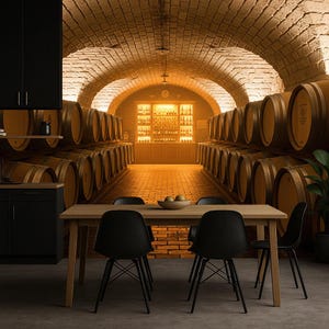 Può includere: Una scena di sala da pranzo con un murale di cantina. Il murale raffigura una cantina in mattoni con file di botti di legno. In primo piano c'è un tavolo di legno con sedie nere e una ciotola di frutta sul tavolo.