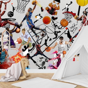 A gym interior with a wall mural featuring a basketball theme. The mural is a collage of basketball players in various poses, basketballs, and basketball hoops. The gym also has a weight bench, dumbbells, a kettlebell, and a blue exercise ball.