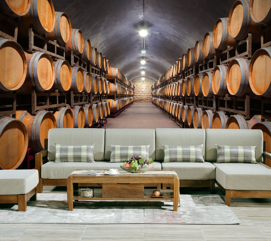 View of Wine Cellar With Barrels Wallpaper Bar Wall Mural Peel and Stick Oak ...