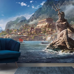 Poseidon god Wallpaper Greek ancient Wall Mural Mythology Peel & Stick Ancient Rome mural Ocean Wall art Fantasy wallpaper Neptune print