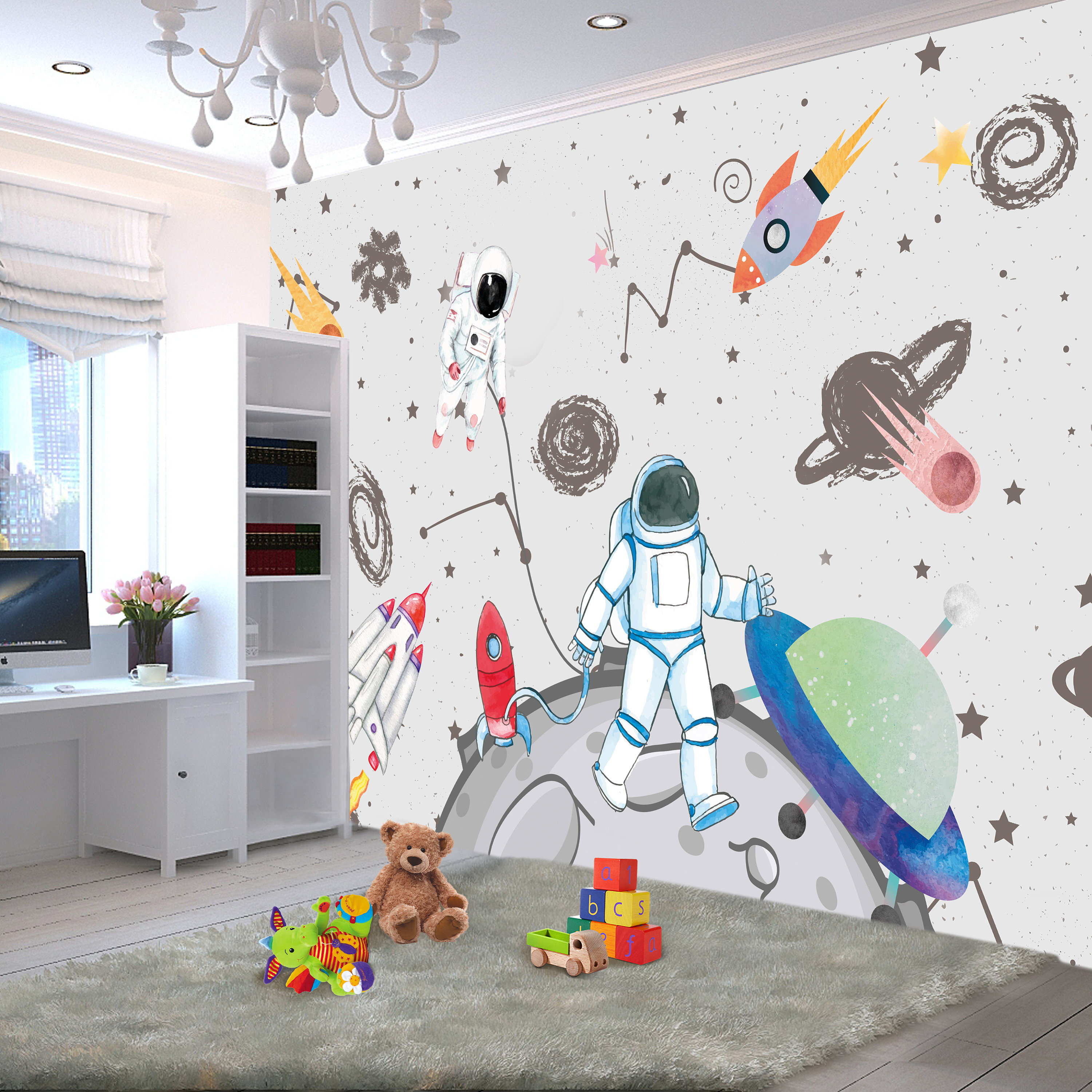 Kids Space Wallpaper Astronaut Wall Mural Boys Room Decor Rocket Mural ...