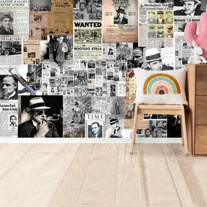 Vintage Gangster Wallpaper Black and White Newspaper Mural Peel and