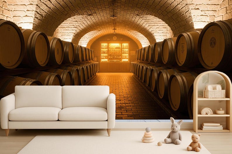 Wine Cellar Wallpaper Wall Mural – Vintage Wine Barrel Interior Peel ...