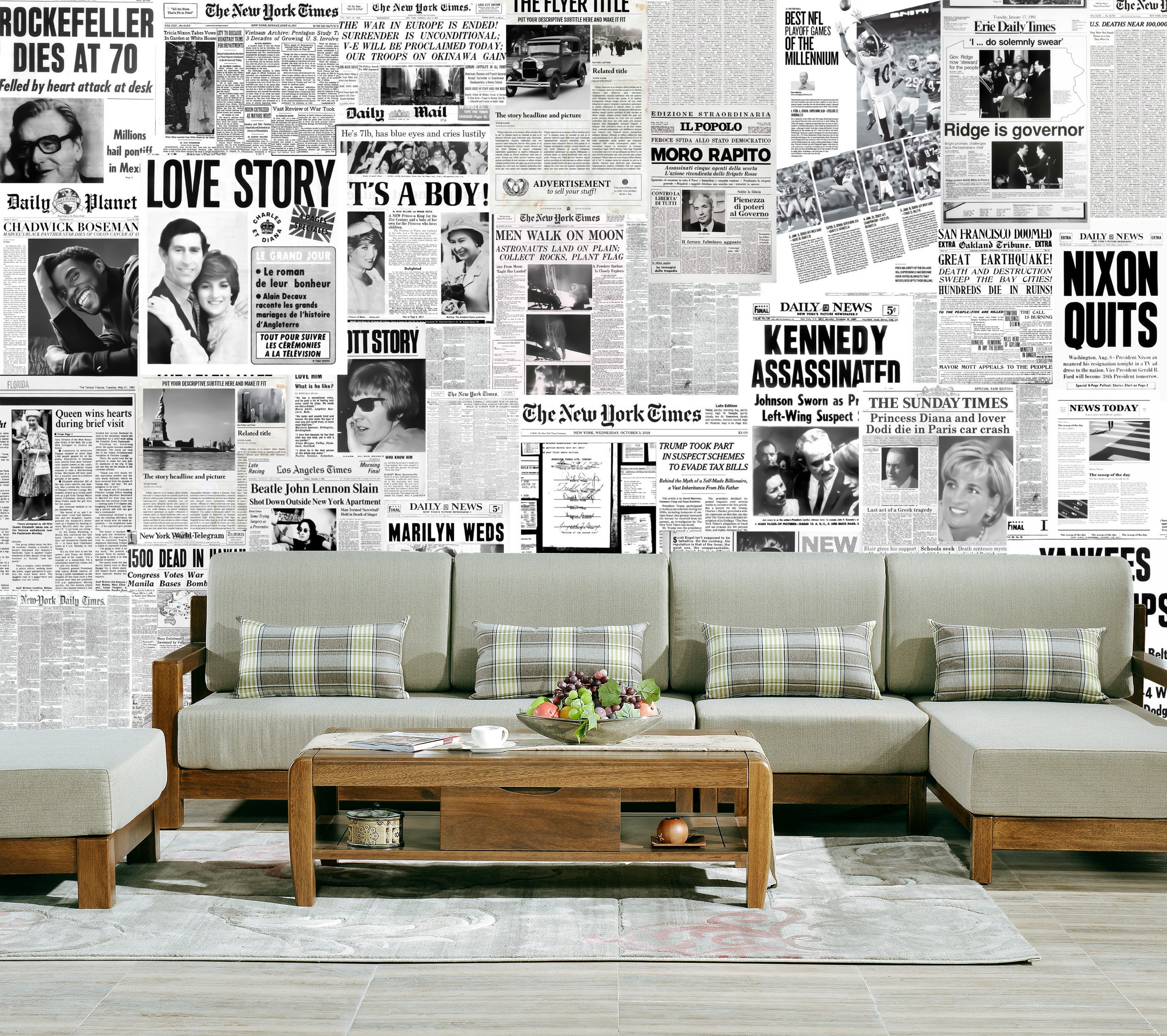 Vintage Newspaper Collage Wallpaper Modern Wall Mural Retro Wallpaper