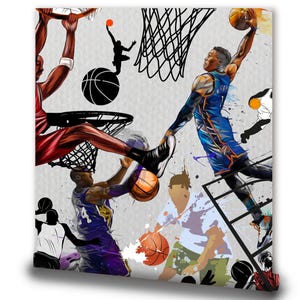 A gym interior with a wall mural featuring a basketball theme. The mural is a collage of basketball players in various poses, basketballs, and basketball hoops. The gym also has a weight bench, dumbbells, a kettlebell, and a blue exercise ball.