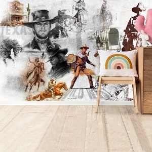 Wild West Wallpaper Rodeo wall mural Cowboy Wallpaper Vintage 80s and Retro Murals Western Home Decor Collage Wall Art Boy Room Wallpaper