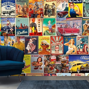 Poster retrò Carta da parati vintage Carta da parati murale Pop Art Vintage Murale Collage e carta da parati originale Retro Peel and Stick Vintage Modern Wall decor