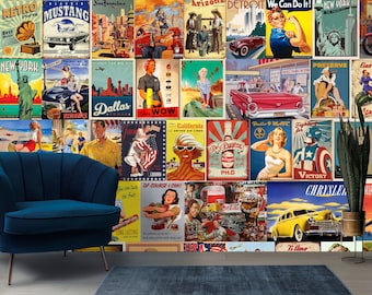 Retro Poster Wallpaper Vintage Wall Mural Pop Art Vintage Mural Collage & Original  Wallpaper Retro Peel and Stick Vintage Modern Wall decor