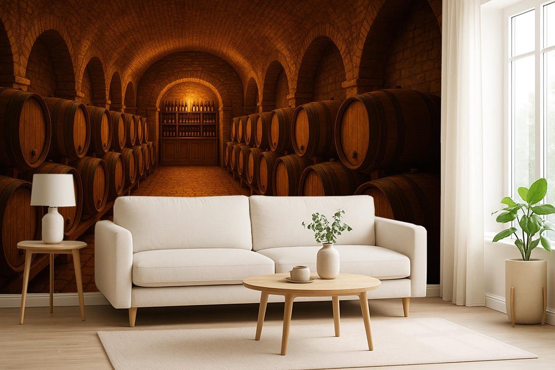 Wine Cellar Wallpaper Peel and Stick Wall Mural Oak Barrel Winery Decor ...