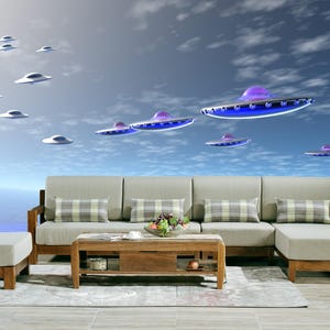 Sci-Fi fliegende Objekte Tapete Vlies Spaß Schälen & Aufkleben Kinder Dekor UFO Tapete Temporäre selbstklebende Weltraum Wandbild Spielzimmer Dekor