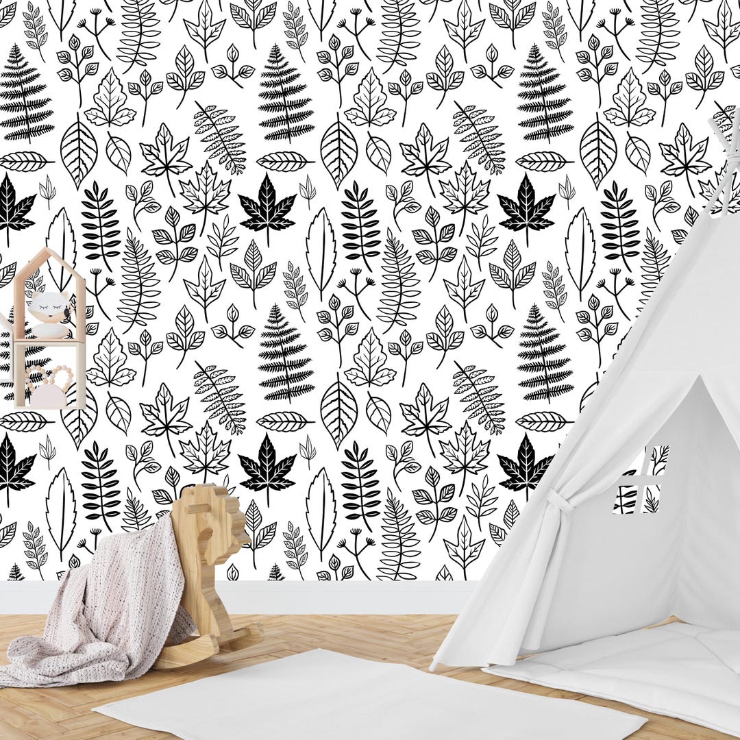 Black and White Leaves Botanical Pattern Wallpaper Peel & Stick ...