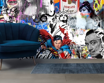 Street Art Mural Cartoon Wall Decor Peel and Stick Wallpaper Abstract Muurschildering Tienerkamer Wallpaper Vintage Verwijderbaar behang Moderne kunst