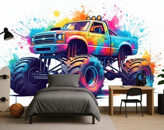 Monster Truck Wallpaper Peel and Stick Wall Mural for Kids Room, Colorful Truck Wall Art, Boys Bedroom Decor