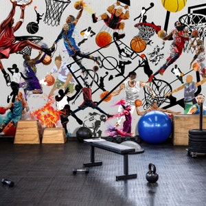 Sport Graffiti Wallpaper Basketball Wall Mural Peel and Stick Gym Wallpaper Self Adhesive Art Decor Office Boy Room Decor Workout Wall Mural