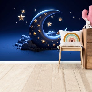 Carta da parati con cielo notturno, luna e stelle, murale per la cameretta dei bambini, staccabile e attaccabile o in tessuto non tessuto, decorazione da parete celeste rimovibile.