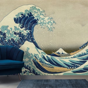 Papier peint japonais grande vague papier peint autocollant Kanagawa mural japonais grande vague papier peint auto-adhésif vintage