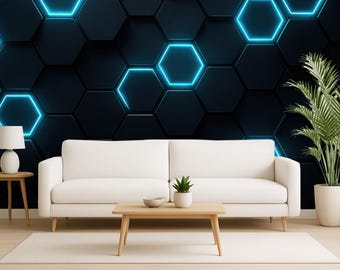 Gaming Room Hexagon Wallpaper Custom Size Blue Neon Wall Mural Peel and Stick Removable Non Woven Wallpaper