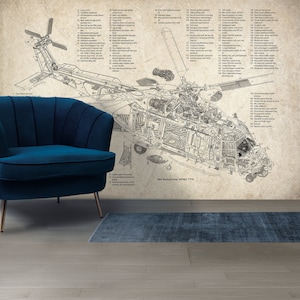 Vintage military Helicopter Mural NHI NH90 Retro Aviation Blueprint Aviation Wallpaper Offices Boy Room Wall art Studies Removable Wallpaper