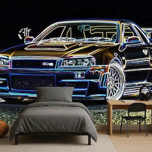 Puede incluir: Imagen digitalmente mejorada de un coche deportivo negro con contornos azul neón y amarillo. El coche está aparcado frente a una cama con una colcha gris, una pelota de baloncesto y una patineta. También hay un escritorio y una silla negros en la habitación.