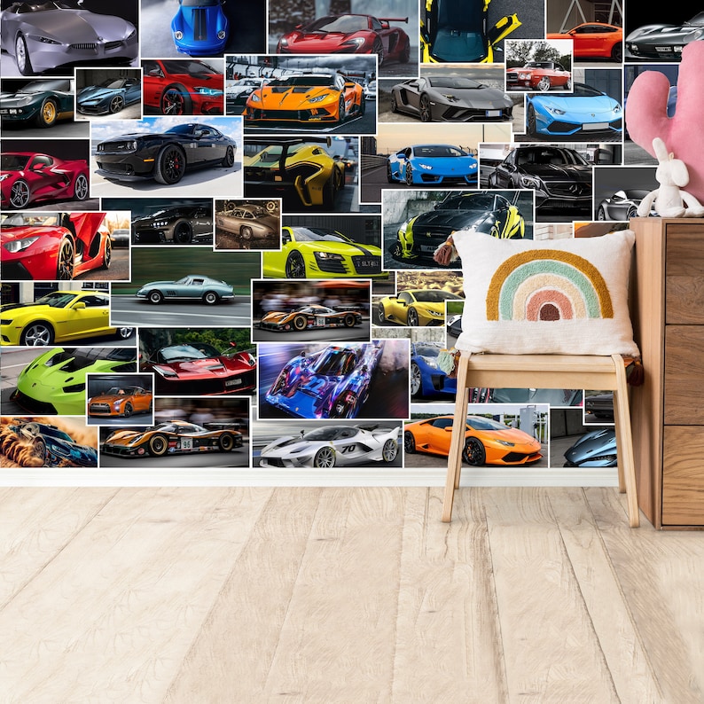 Sport Cars Collage Peel and Stick Wallpaper Boys Room Wall Mural Decor ...