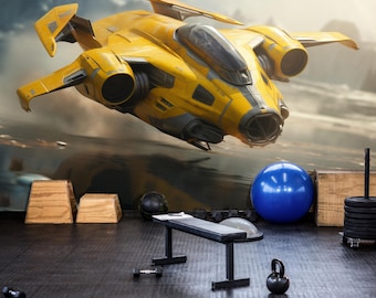 Gele futuristische ruimteschipmuurschildering Sci-Fi-behang voor gamers en ruimteliefhebbers Peel en stick kinderkamerbehang Verwisselbaar behang