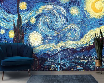 Papel tapiz de Van Gogh Noche estrellada Mural de pared extraíble autoadhesivo Papel tapiz de paisaje Decoración artística para dormitorio Papel tapiz no tejido Pintura de pared