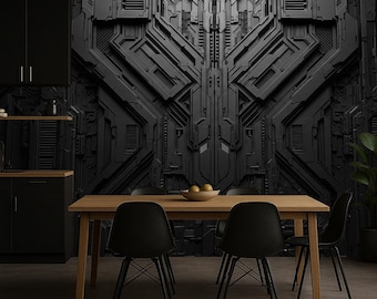 Papel tapiz Dark Tech autoadhesivo: Mural geométrico futurista con diseño de ciencia ficción en negro para oficina o sala de juegos, papel tapiz no tejido.
