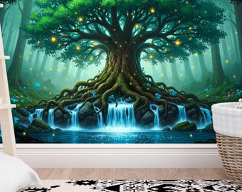 Papel pintado de árboles del bosque fantástico: mural mágico autoadhesivo, decoración de pared de setas encantadas para sala de estar o dormitorio infantil. Tamaño personalizado.