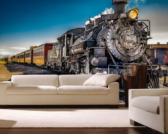 Vintage Train Wall Mural Peel and Stick Locomotive Wallpaper Retro Boys Room or Nursery Decor Steam Engine Railway Wall Art