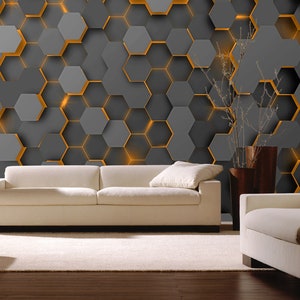 Carta da parati geometrica arancione con esagoni, carta da parati Hi-Tech, motivo astratto, decorazione murale, stacca e attacca, decorazione murale per la casa