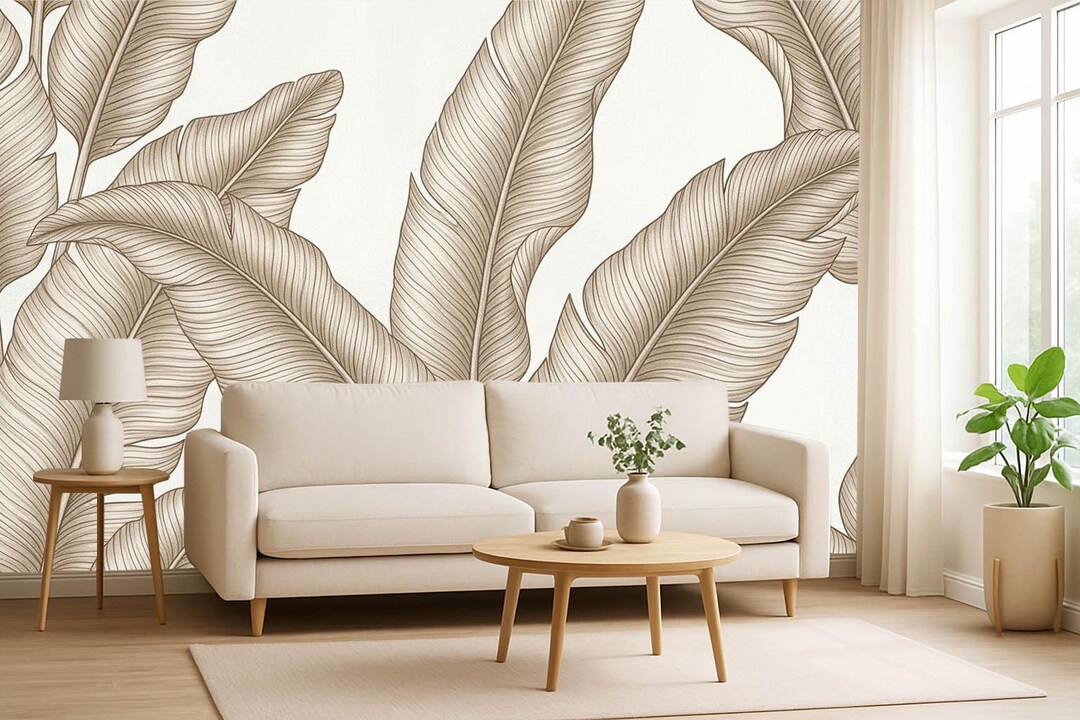 Banana Leaves Wallpaper Beige Tropical Wall Mural Peel and Stick ...