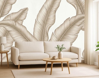 Carta da parati con foglie di banano, beige, tropicale, staccabile e attaccabile, carta da parati botanica, arte murale neutra per soggiorno, carta da parati non tessuta