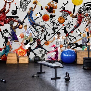 Sport Graffiti Wallpaper Basketball Wall Mural Peel and Stick Gym Wallpaper Self Adhesive Art Decor Office Boy Room Decor Workout Wall Mural