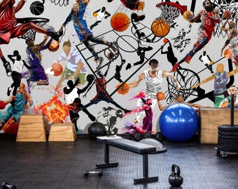 Sport Graffiti Tapete Basketball Wandbild Schälen und aufkleben Gym Wallpaper Selbstklebende Kunst dekor Büro Jungen Raum Dekor Workout Wandbild