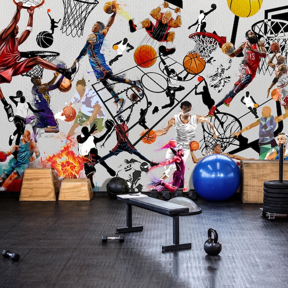 Sport Graffiti Wallpaper Basketball Wall Mural Peel and Stick Gym Wallpaper Self Adhesive Art Decor Office Boy Room Decor Workout Wall Mural